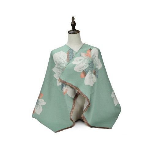 GREEN Luxury Floral Bloom Cashmere Poncho Shawl Wrap – Elegant Soft Scarf for Women
