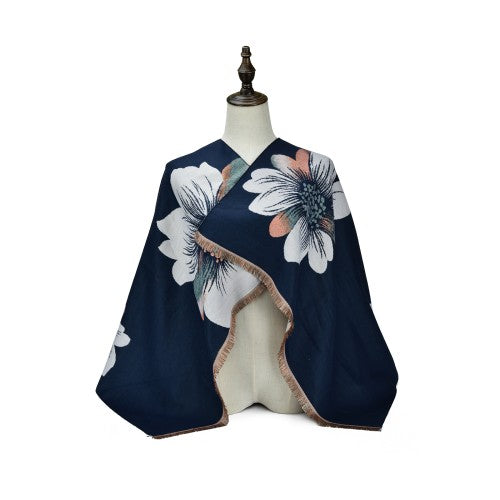 BLUE Luxury Floral Bloom Cashmere Poncho Shawl Wrap – Elegant Soft Scarf for Women
