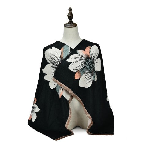 BLACK Luxury Floral Bloom Cashmere Poncho Shawl Wrap – Elegant Soft Scarf for Women