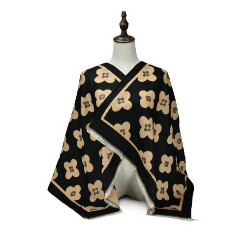 COFFEE Luxury Floral Monogram Cashmere Poncho Shawl Wrap – Elegant Designer-Inspired Scarf for Women