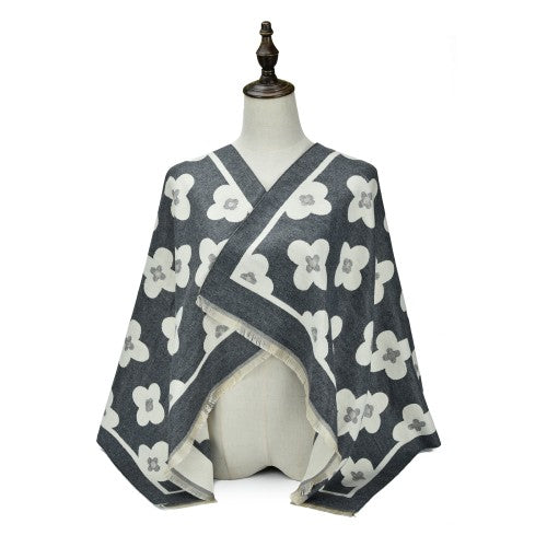 GREY Luxury Floral Monogram Cashmere Poncho Shawl Wrap – Elegant Designer-Inspired Scarf for Women