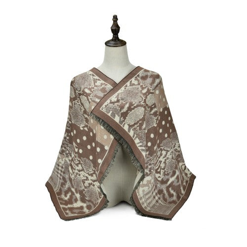 COFFEE Luxury Abstract Animal Print Cashmere Poncho Shawl Wrap – Elegant Designer-Inspired Scarf for Women