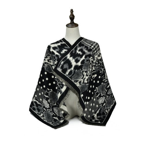 BLACK Luxury Abstract Animal Print Cashmere Poncho Shawl Wrap – Elegant Designer-Inspired Scarf for Women