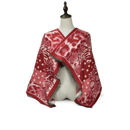 RED Luxury Abstract Animal Print Cashmere Poncho Shawl Wrap – Elegant Designer-Inspired Scarf for Women