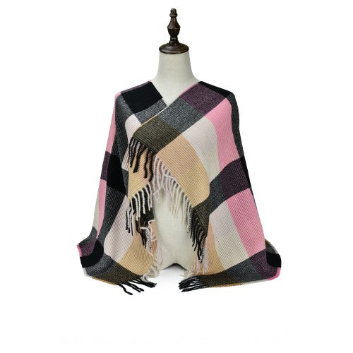 BEIGE Luxury Checkered Cashmere Poncho Shawl Wrap – Elegant Plaid Pattern Fringe Scarf for Women