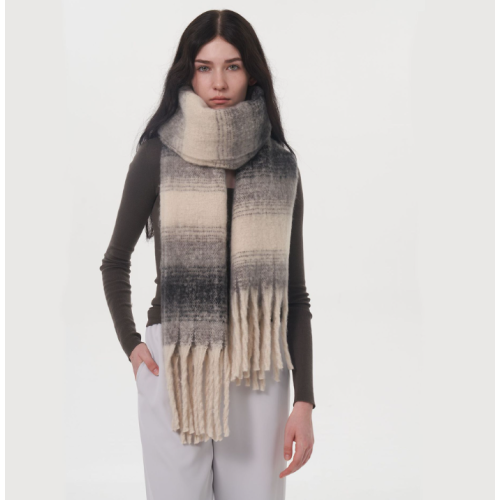 BLACK Gradient Striped Cashmere Scarf – Oversized Soft Warm Winter Tassel Shawl