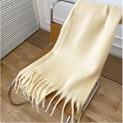 Beige Soft Yellow Cashmere Winter Scarf – Oversized Warm Tassel Shawl for Women