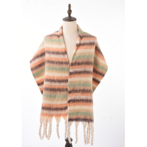 KHAKI Striped Soft Cashmere Winter Scarf – Oversized Warm Tassel Shawl for Women