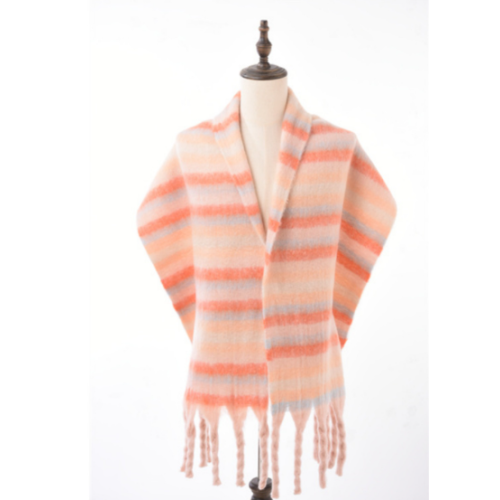 PINK Striped Soft Cashmere Winter Scarf – Oversized Warm Tassel Shawl for Women