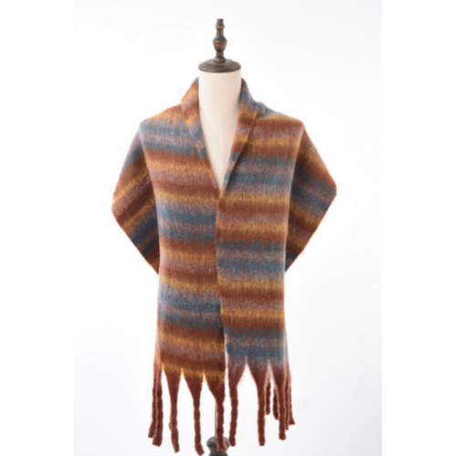 COFFEE Striped Soft Cashmere Winter Scarf – Oversized Warm Tassel Shawl for Women