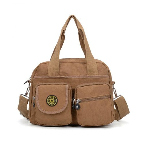 KHAKI Voyager Utility Nylon Shoulder Bag – Waterproof Multi-Pocket Travel Handbag