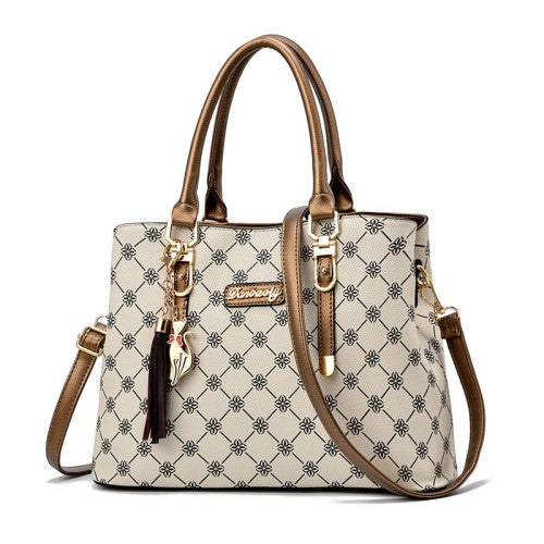 CT44942 GOLBEIGE Vintage-Inspired Geometric Print PU Leather Tote Bag
