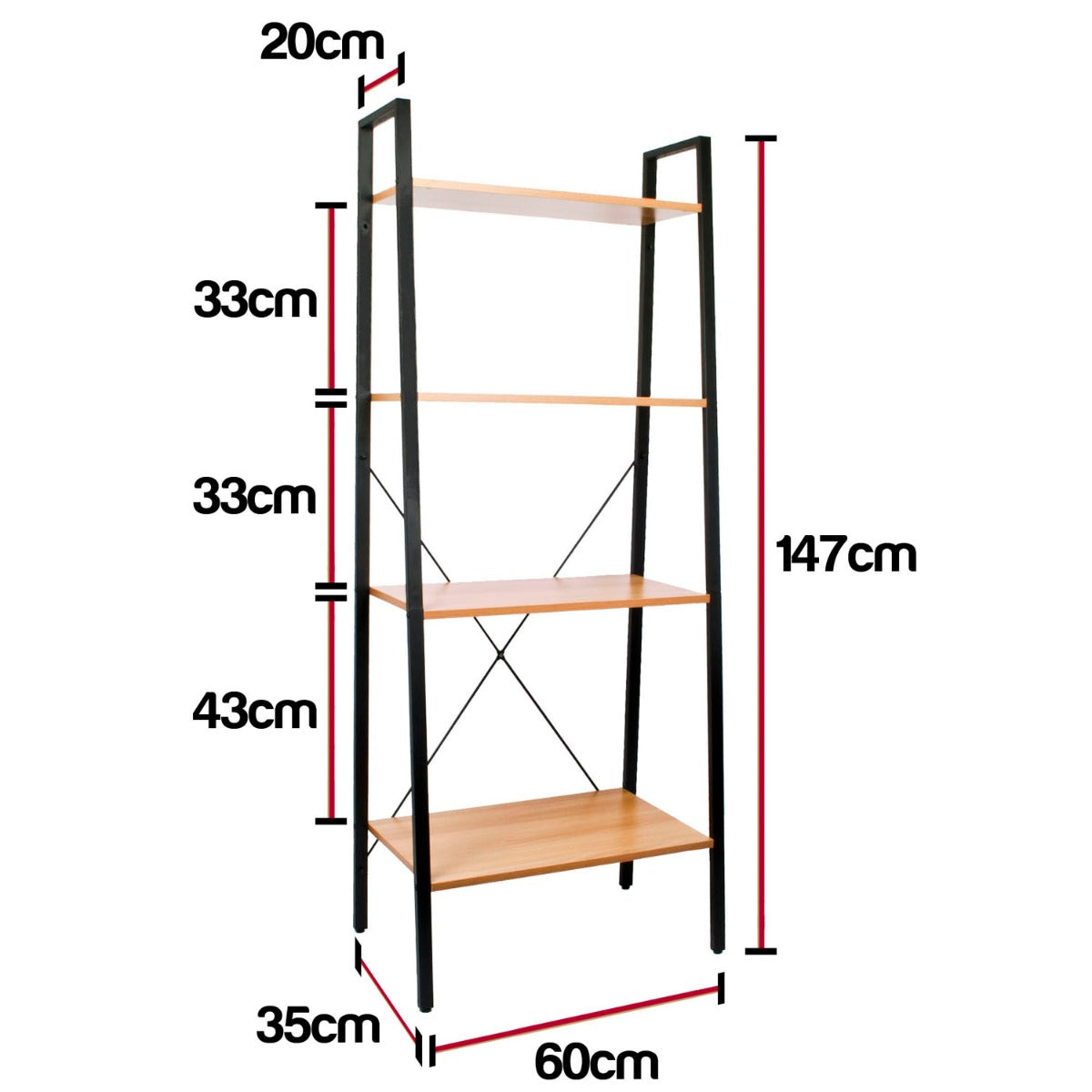 4 Tier Ladder Shelves - Light Oak Finish
