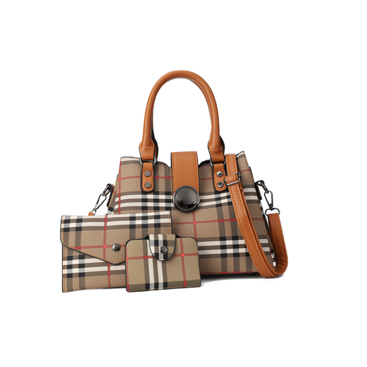 3 Piece Plaid PU Leather Handbag Set – Shoulder Bag + Small Bag + Card holder