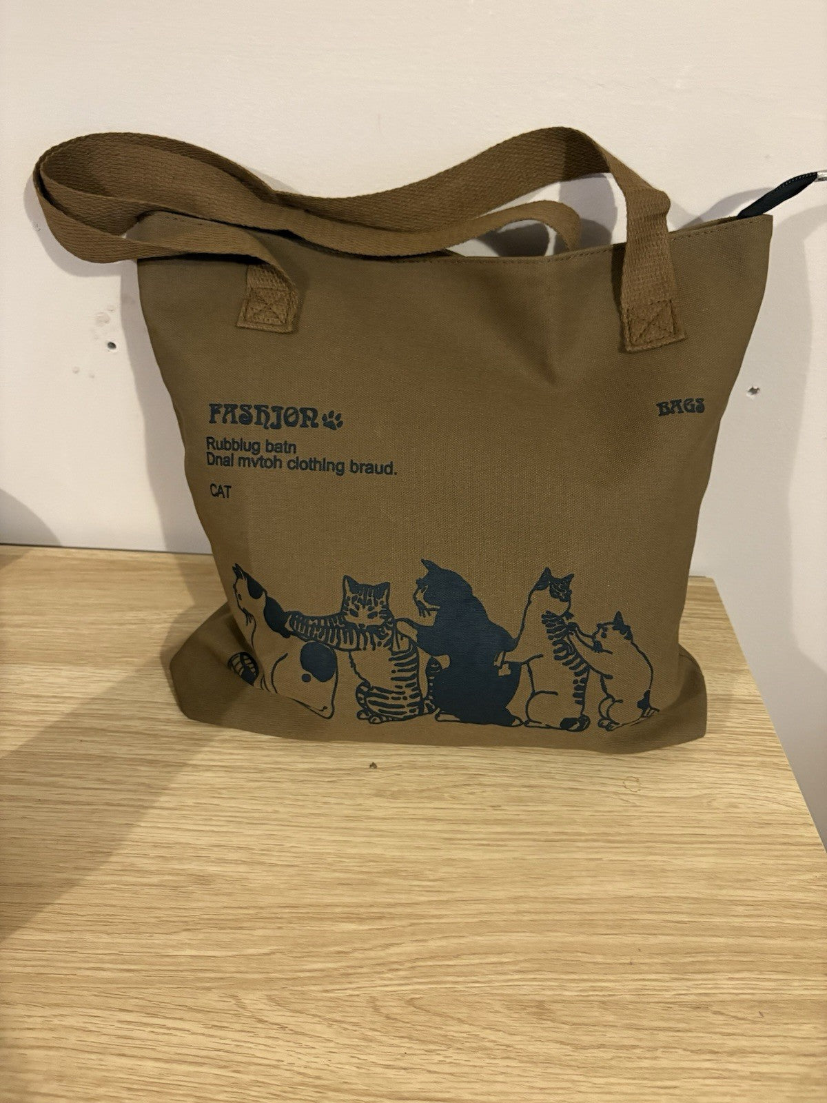 Terra cotta Canvas Tote Bag with Cute Cat Print – Eco Reusable Shoulder Handbag