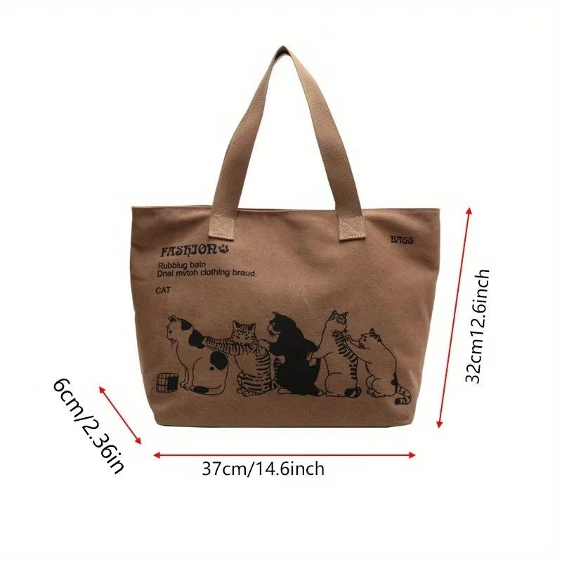 Terra cotta Canvas Tote Bag with Cute Cat Print – Eco Reusable Shoulder Handbag