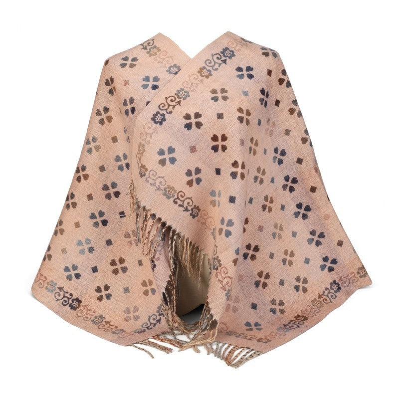 Floral Pattern 100% Cotton Oversized Shawl with Fringe – Large Wrap & Poncho