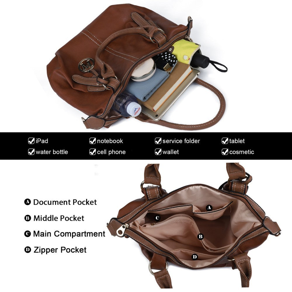 Women’s PU Leather Shoulder Tote Handbag Large Capacity Satchel Bag – Brown