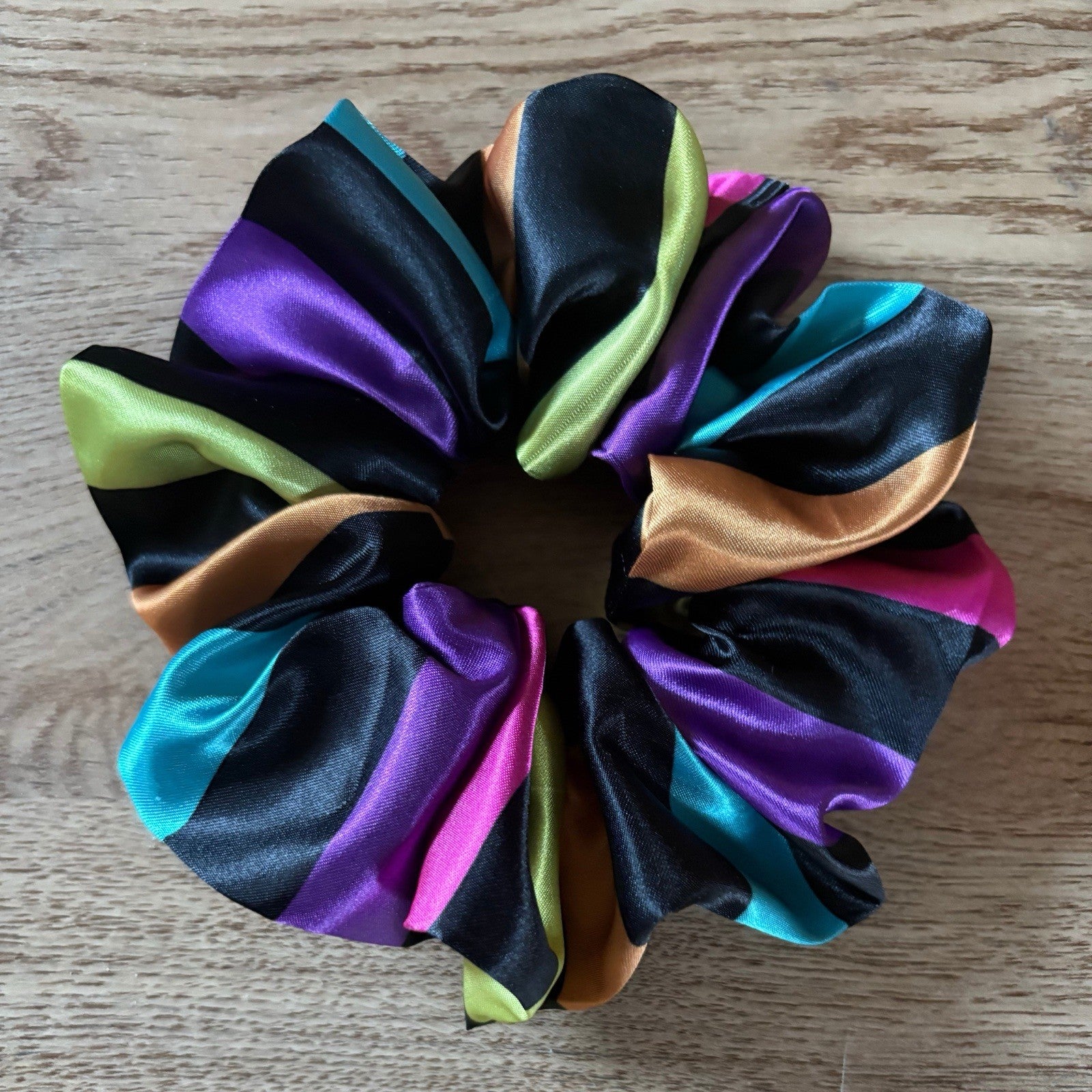 Large Handmade Satin Scrunchie – Rainbow Stripe Hair Tie – Soft Silk Feel