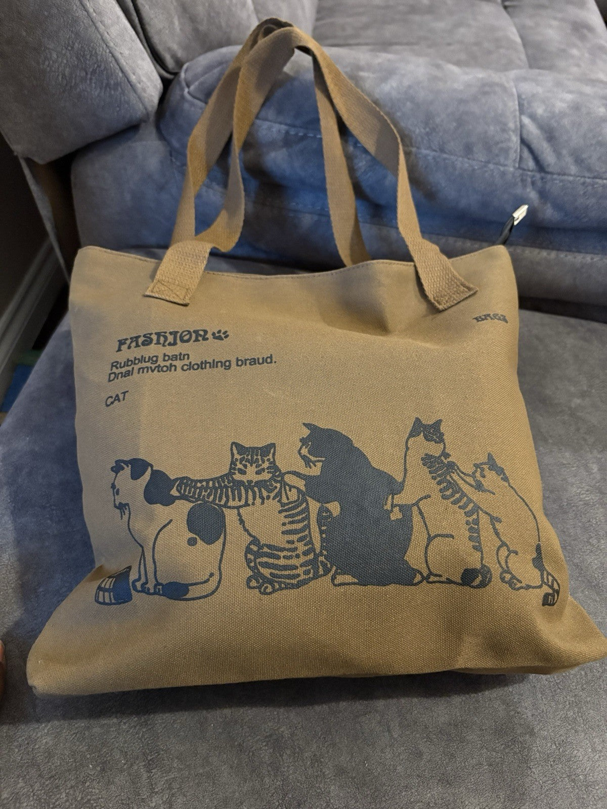 Terra cotta Canvas Tote Bag with Cute Cat Print – Eco Reusable Shoulder Handbag