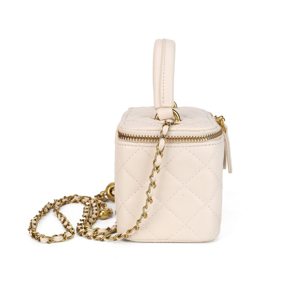 Women’s Quilted PU Mini Crossbody Shoulder Bag Chain Handbag Box Purse Beige