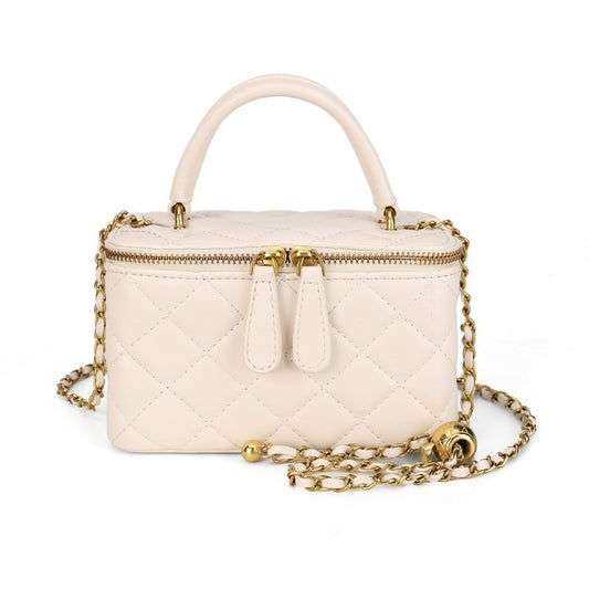 Women’s Quilted PU Mini Crossbody Shoulder Bag Chain Handbag Box Purse Beige