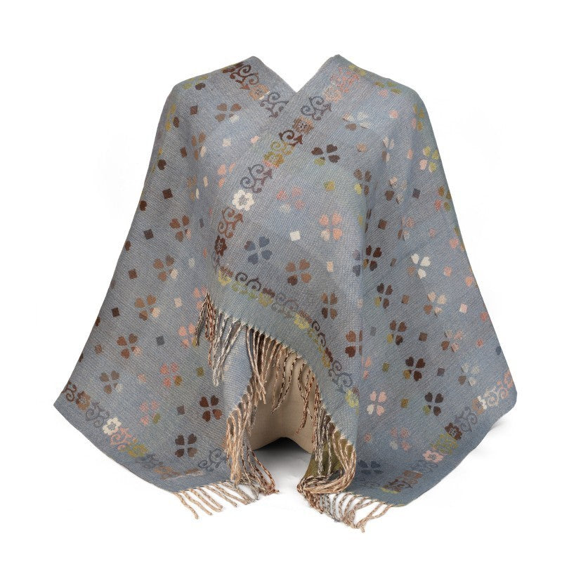 Floral Pattern 100% Cotton Oversized Shawl with Fringe – Large Wrap & Poncho