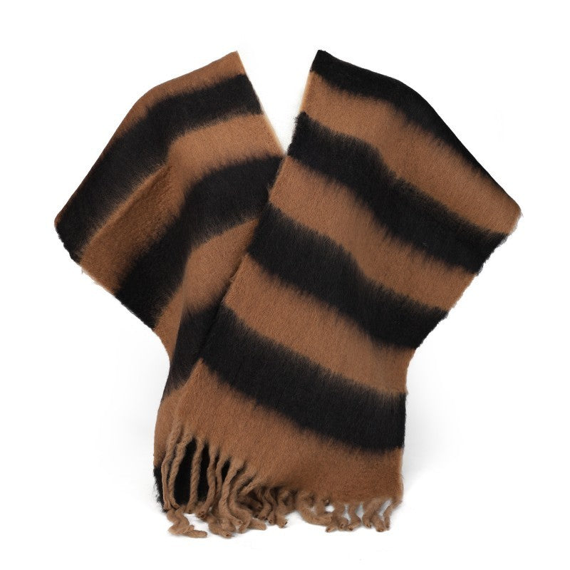 Luxury 100% Cashmere Striped Scarf – Oversized Winter Shawl Wrap with Fringe
