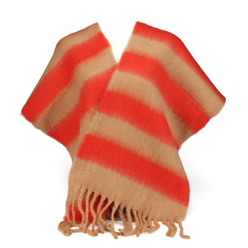 Luxury 100% Cashmere Striped Scarf – Oversized Winter Shawl Wrap with Fringe