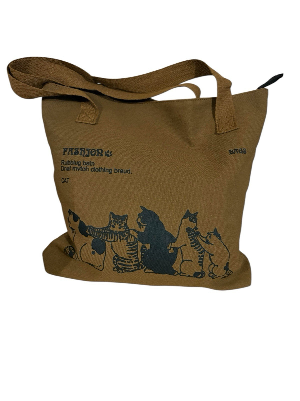 Terra cotta Canvas Tote Bag with Cute Cat Print – Eco Reusable Shoulder Handbag