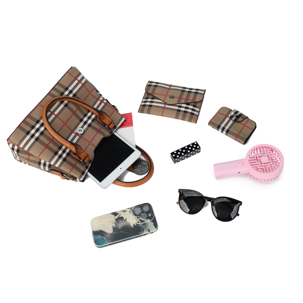 3 Piece Plaid PU Leather Handbag Set – Shoulder Bag + Small Bag + Card holder