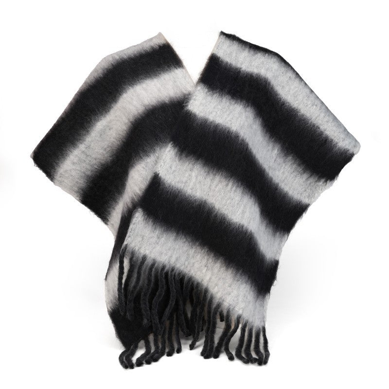 Luxury 100% Cashmere Striped Scarf – Oversized Winter Shawl Wrap with Fringe