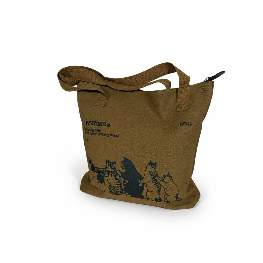 Terra cotta Canvas Tote Bag with Cute Cat Print – Eco Reusable Shoulder Handbag