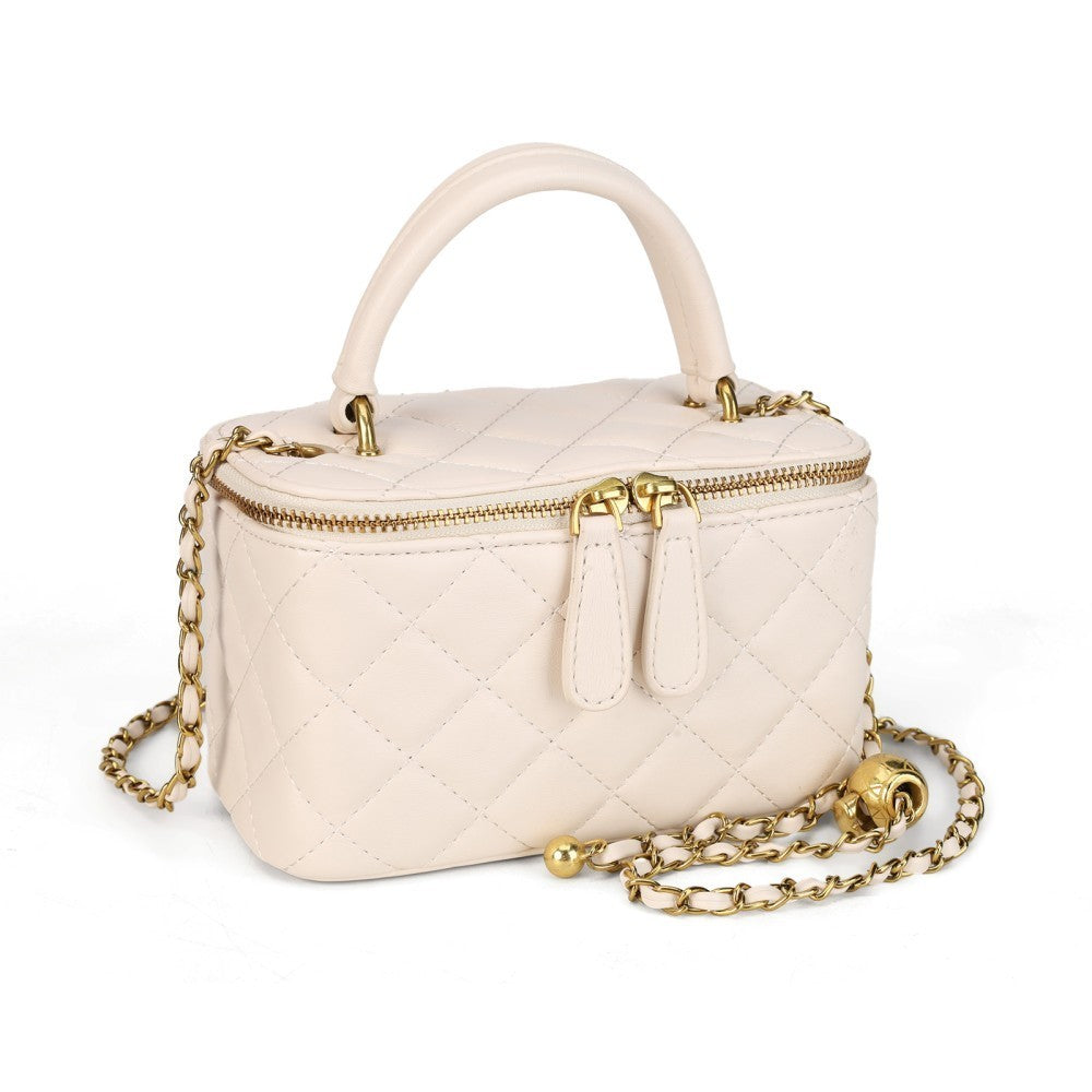 Women’s Quilted PU Mini Crossbody Shoulder Bag Chain Handbag Box Purse Beige