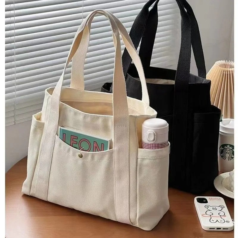 Large Canvas Tote Bag with Pockets – Shoulder Handbag Shopper Work School Travel