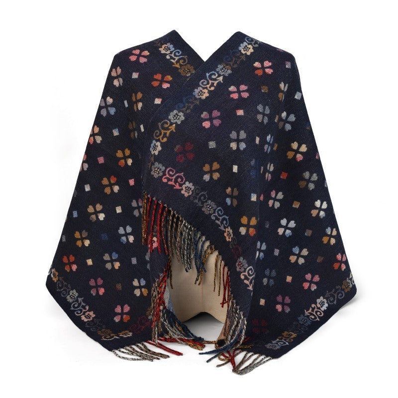 Floral Pattern 100% Cotton Oversized Shawl with Fringe – Large Wrap & Poncho