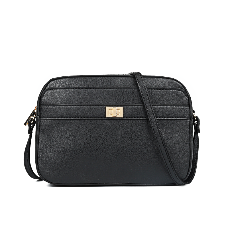 Classic Black PU Leather Crossbody Bag with Gold Zipper & Adjustable Strap