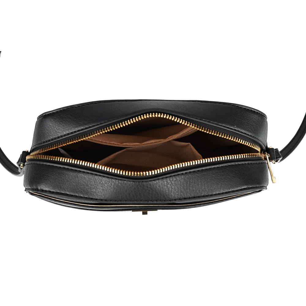 Classic Black PU Leather Crossbody Bag with Gold Zipper & Adjustable Strap