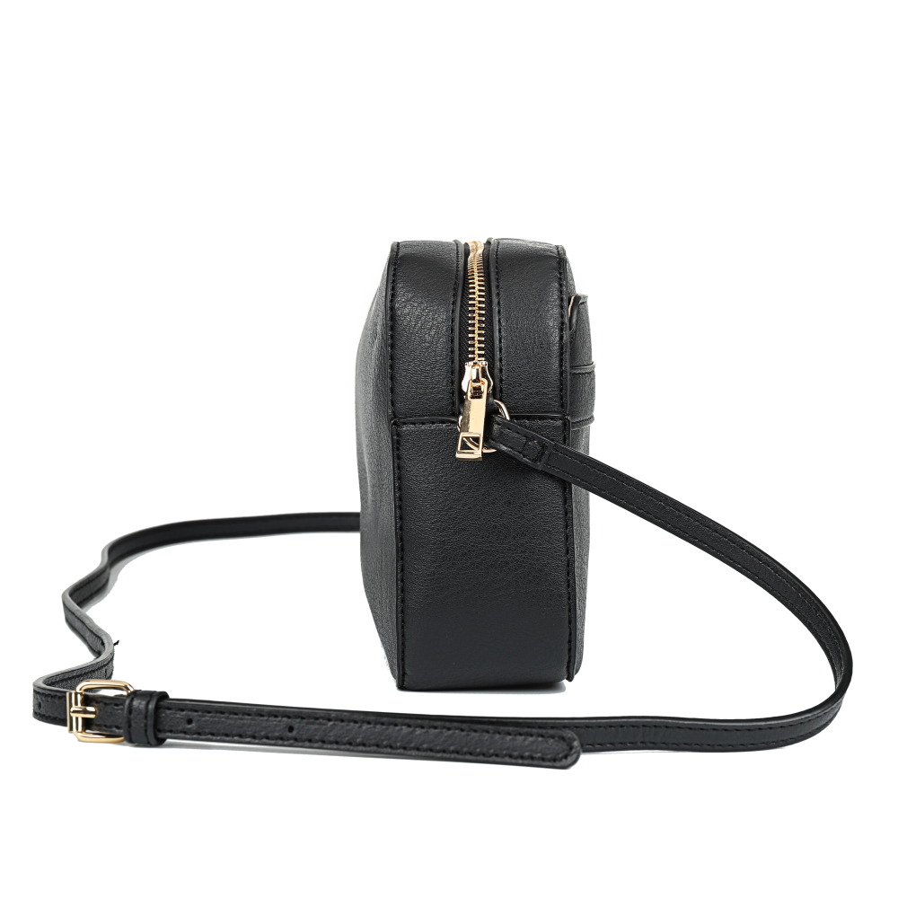 Classic Black PU Leather Crossbody Bag with Gold Zipper & Adjustable Strap