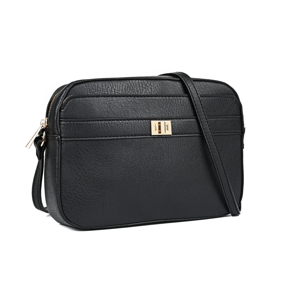 Classic Black PU Leather Crossbody Bag with Gold Zipper & Adjustable Strap