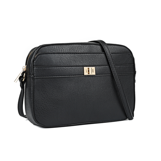 Classic Black PU Leather Crossbody Bag with Gold Zipper & Adjustable Strap