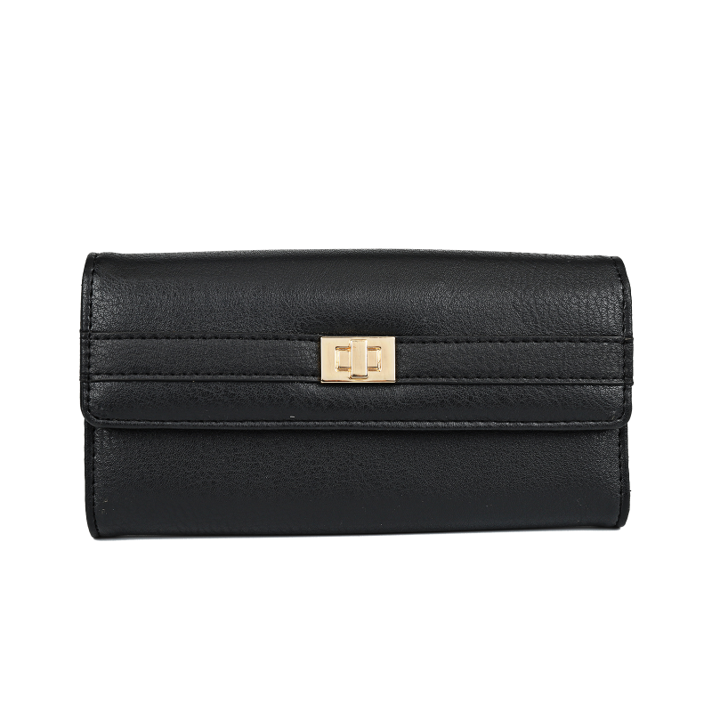 Classic Black PU Leather Clutch Wallet with Card Holder & Coin Pocket – Gold Clasp Closure