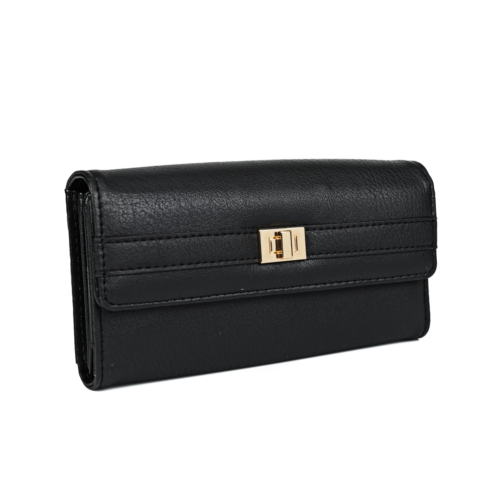 Classic Black PU Leather Clutch Wallet with Card Holder & Coin Pocket – Gold Clasp Closure