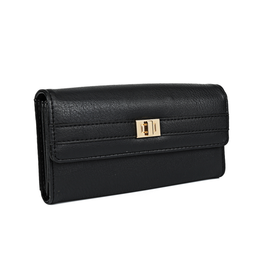 Classic Black PU Leather Clutch Wallet with Card Holder & Coin Pocket – Gold Clasp Closure