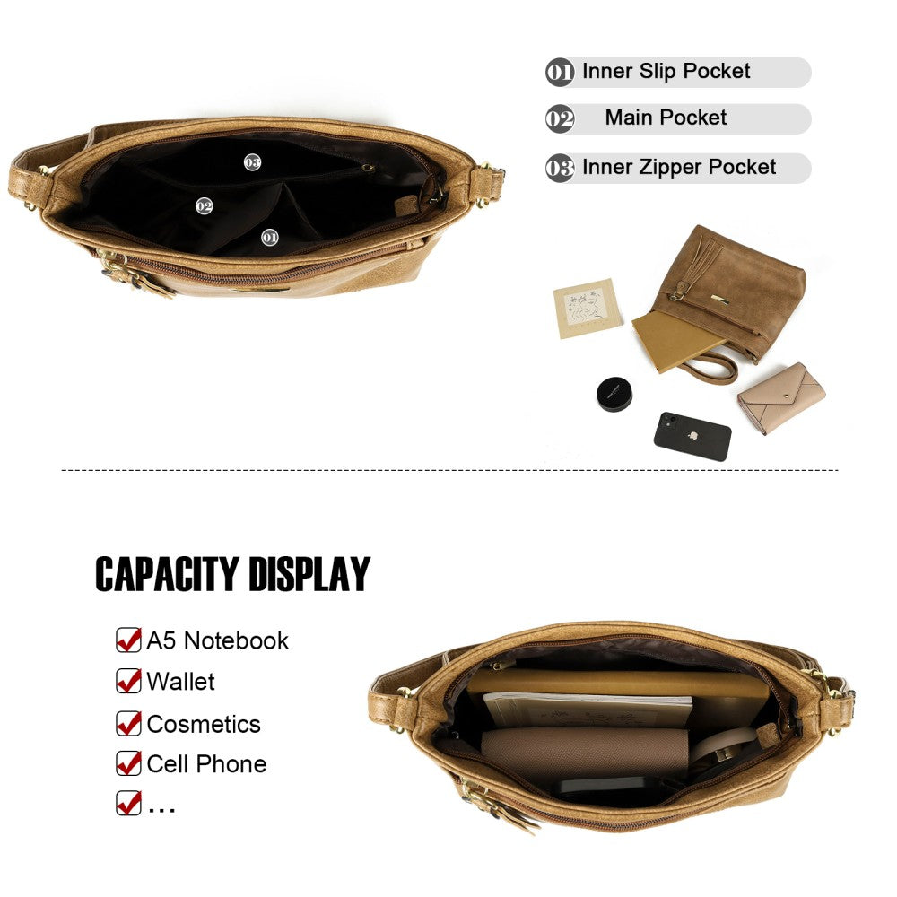 Brown PU Crossbody Shoulder Bag with Tassel Pendant – L28.7 x W11.5 x H22cm