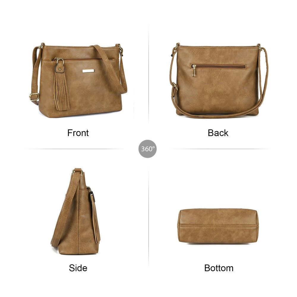 Brown PU Crossbody Shoulder Bag with Tassel Pendant – L28.7 x W11.5 x H22cm