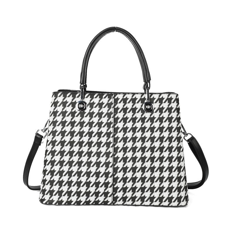 PU Leather Houndstooth Handbag with Matching Purse – Large Capacity Tote Bag Set