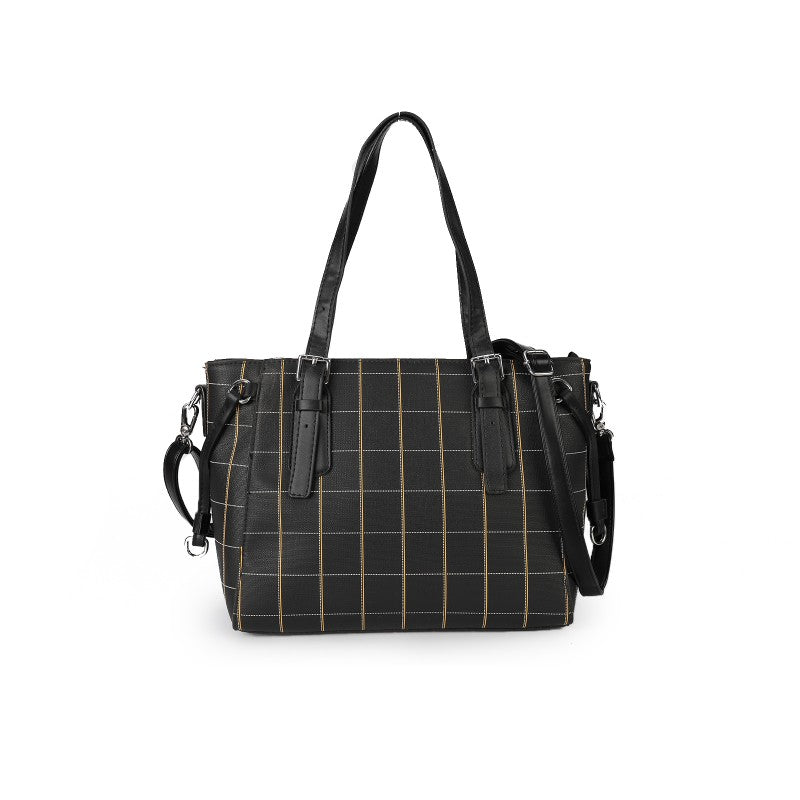 PU Leather Tote Handbag with Matching Purse – Grid Pattern Shoulder Bag Set