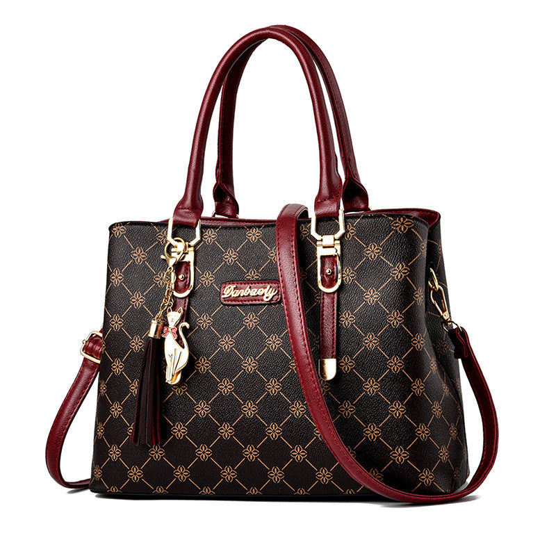 CT44942 REDCOFFEE Vintage-Inspired Geometric Print PU Leather Tote Bag