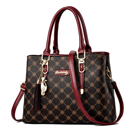 CT44942 REDCOFFEE Vintage-Inspired Geometric Print PU Leather Tote Bag